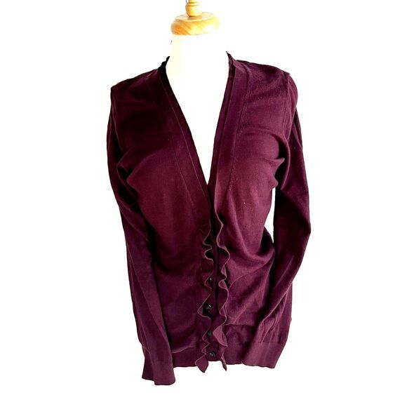 LOFT Cardigan  Sweater Women's L Burgundy Ruffled Button Down - Picture 1 of 10